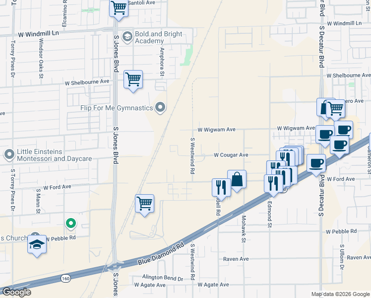 map of restaurants, bars, coffee shops, grocery stores, and more near 8380 South Westwind Road in Las Vegas