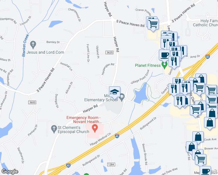 map of restaurants, bars, coffee shops, grocery stores, and more near 3205 Turnstone Court in Clemmons