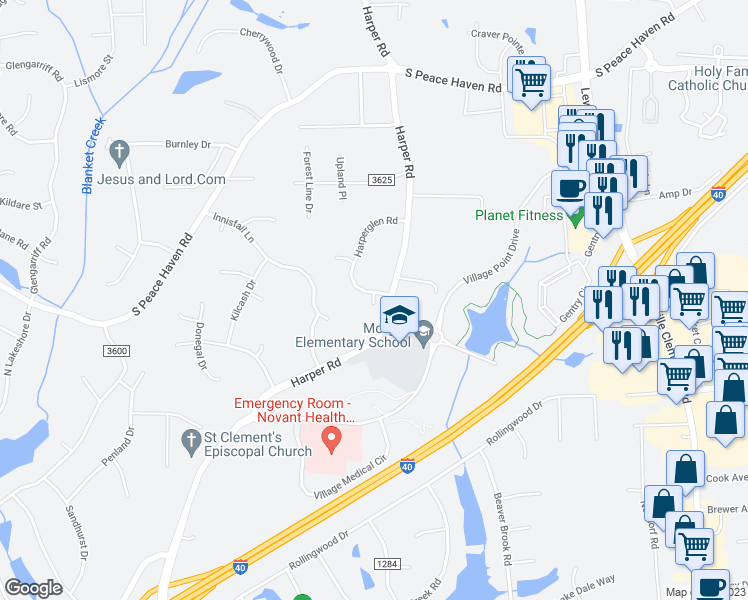 map of restaurants, bars, coffee shops, grocery stores, and more near 3215 Turnstone Court in Clemmons