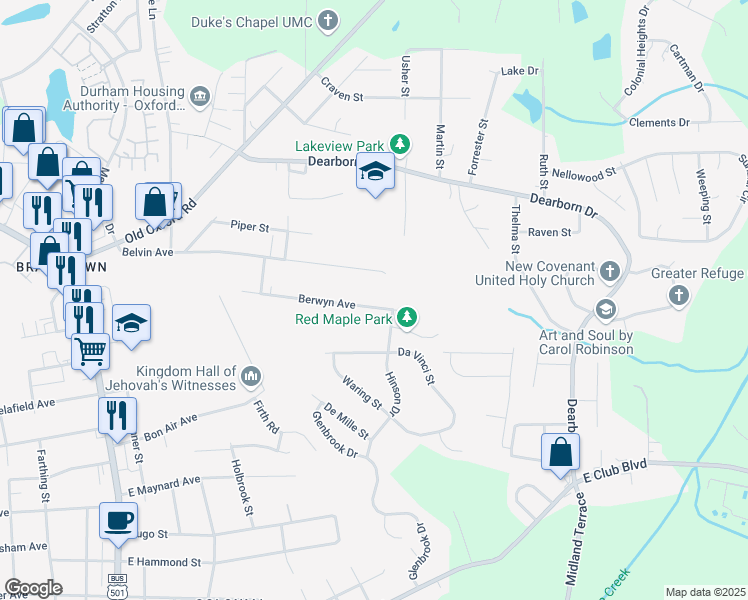 map of restaurants, bars, coffee shops, grocery stores, and more near 825 Berwyn Avenue in Durham