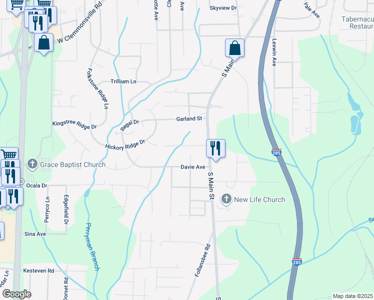 map of restaurants, bars, coffee shops, grocery stores, and more near 30 Pasadena Drive in Winston-Salem