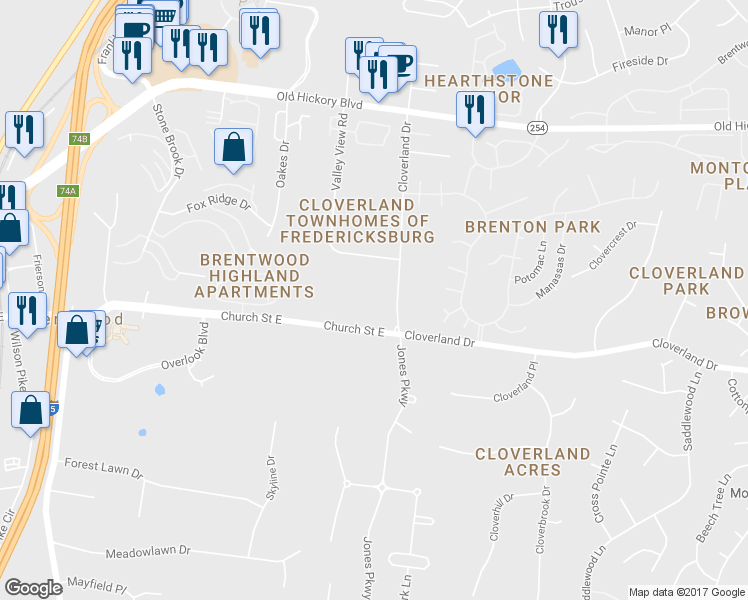map of restaurants, bars, coffee shops, grocery stores, and more near 5689 Cloverland Drive in Brentwood