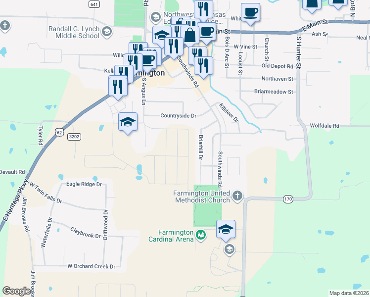 map of restaurants, bars, coffee shops, grocery stores, and more near 233 Briarhill Drive in Farmington