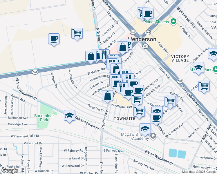 map of restaurants, bars, coffee shops, grocery stores, and more near 107 Manganese Street in Henderson