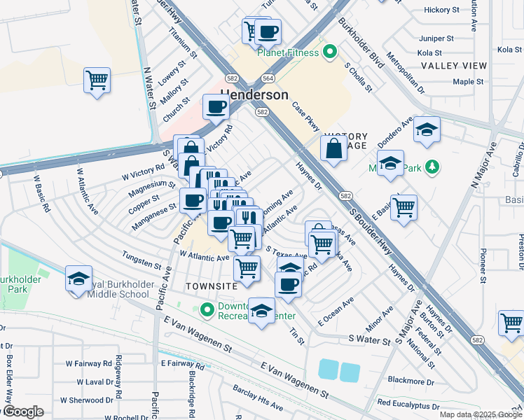 map of restaurants, bars, coffee shops, grocery stores, and more near 22 Wyoming Avenue in Henderson