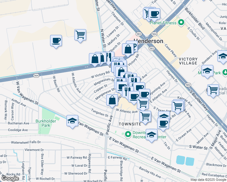 map of restaurants, bars, coffee shops, grocery stores, and more near 107 Manganese Street in Henderson