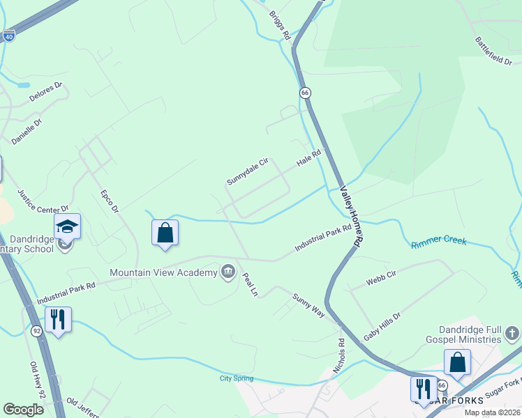 map of restaurants, bars, coffee shops, grocery stores, and more near 1040 Meadow Wood Circle in Dandridge