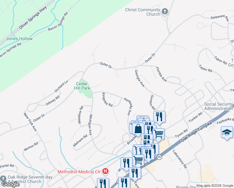 map of restaurants, bars, coffee shops, grocery stores, and more near 136 Kentucky Avenue in Oak Ridge