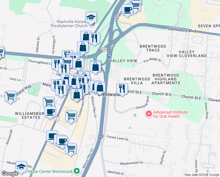 map of restaurants, bars, coffee shops, grocery stores, and more near 9001-9036 Church Street East in Brentwood