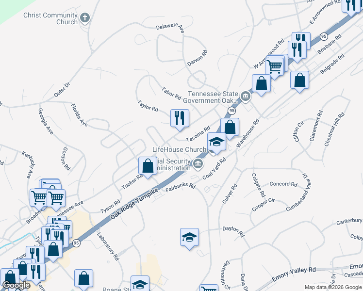 map of restaurants, bars, coffee shops, grocery stores, and more near 372 East Tennessee Avenue in Oak Ridge