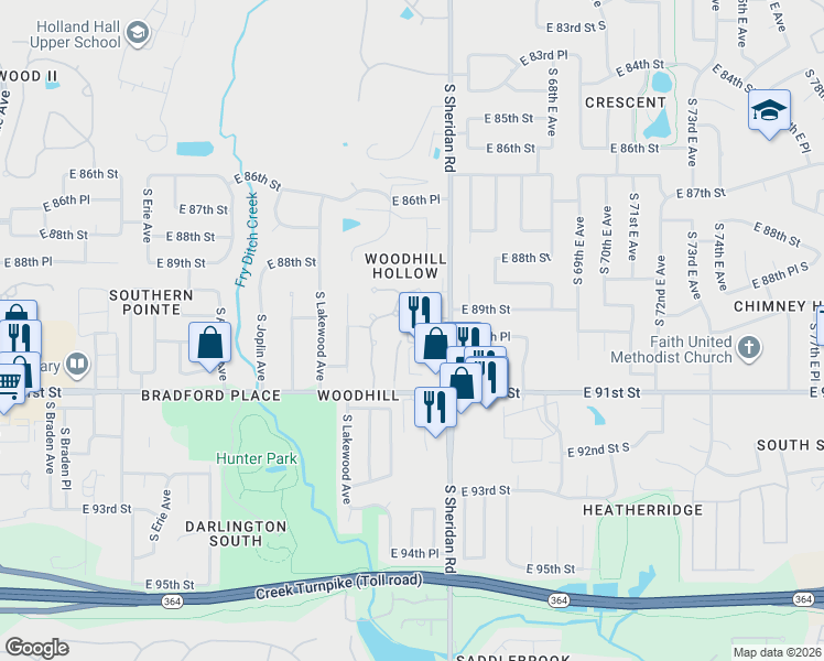 map of restaurants, bars, coffee shops, grocery stores, and more near 8917 South Maplewood Avenue in Tulsa