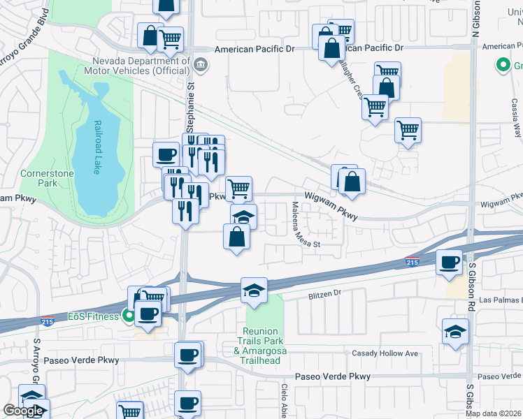 map of restaurants, bars, coffee shops, grocery stores, and more near 1298 Capital Gains Drive in Henderson