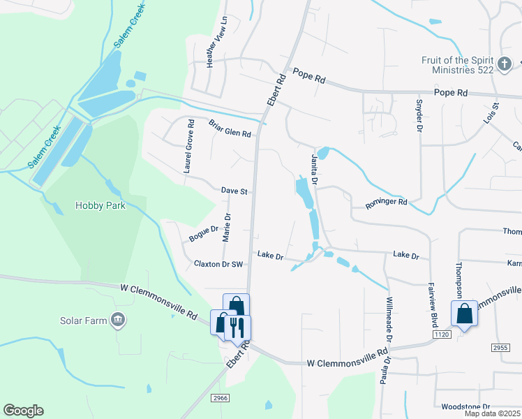 map of restaurants, bars, coffee shops, grocery stores, and more near 4011 Ebert Road in Winston-Salem