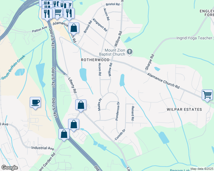 map of restaurants, bars, coffee shops, grocery stores, and more near 2306 Willow Road in Greensboro