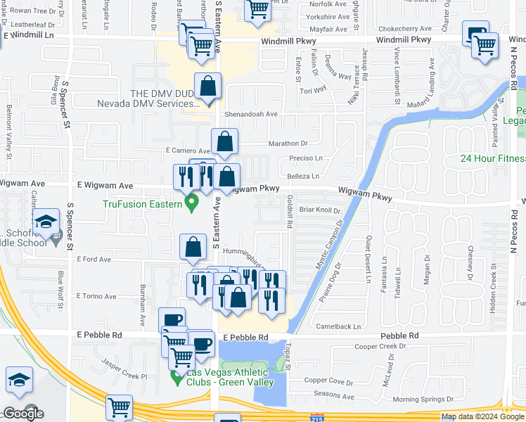 map of restaurants, bars, coffee shops, grocery stores, and more near 2925 Wigwam Parkway in Henderson
