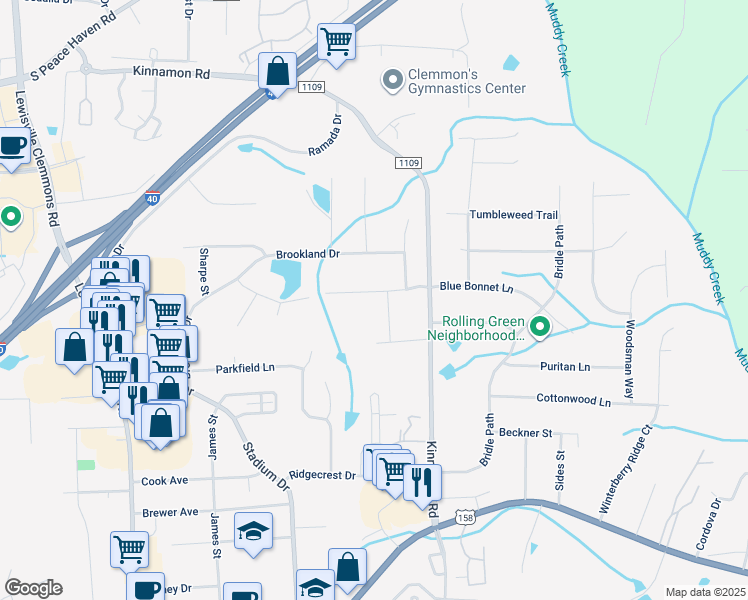 map of restaurants, bars, coffee shops, grocery stores, and more near 6230 Blue Bonnet Lane in Winston-Salem