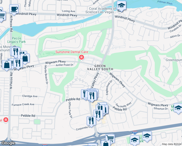 map of restaurants, bars, coffee shops, grocery stores, and more near 2251 Wigwam Parkway in Henderson