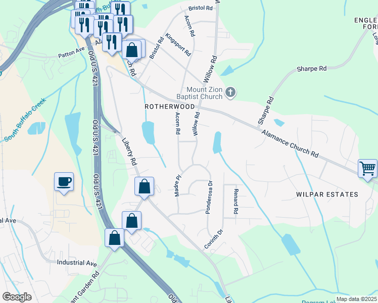 map of restaurants, bars, coffee shops, grocery stores, and more near 2306 Willow Road in Greensboro
