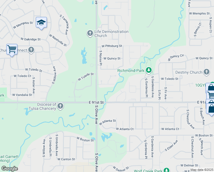 map of restaurants, bars, coffee shops, grocery stores, and more near 3501 West Urbana Street in Broken Arrow