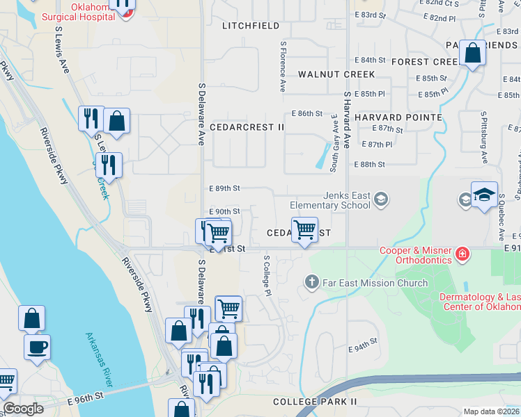 map of restaurants, bars, coffee shops, grocery stores, and more near 2866 East 89th Street in Tulsa