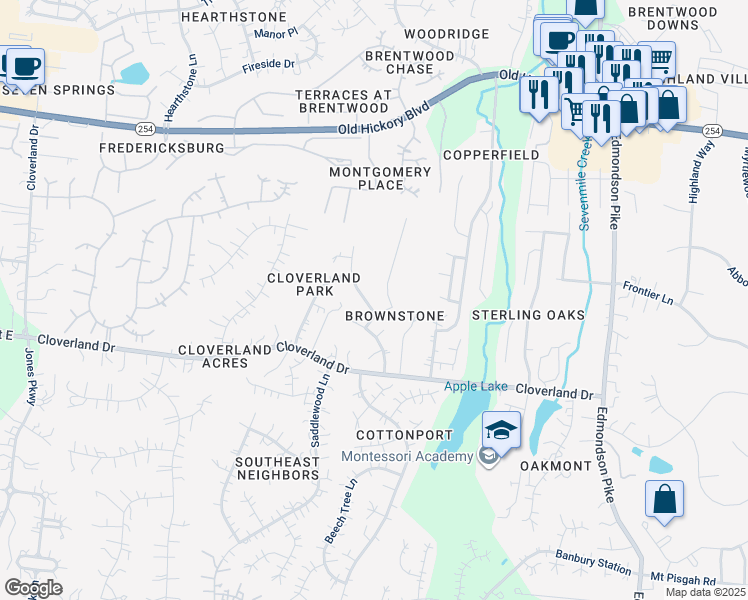 map of restaurants, bars, coffee shops, grocery stores, and more near 5204 Almadale Circle in Brentwood