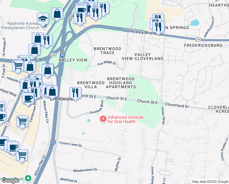 map of restaurants, bars, coffee shops, grocery stores, and more near 570 Church Street East in Brentwood
