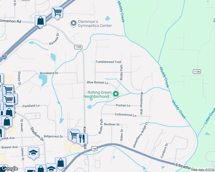 map of restaurants, bars, coffee shops, grocery stores, and more near 6031 Blue Bonnet Lane in Winston-Salem