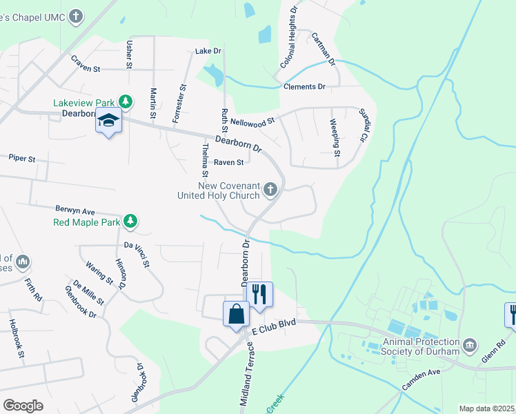 map of restaurants, bars, coffee shops, grocery stores, and more near 1329 Maplewood Drive in Durham