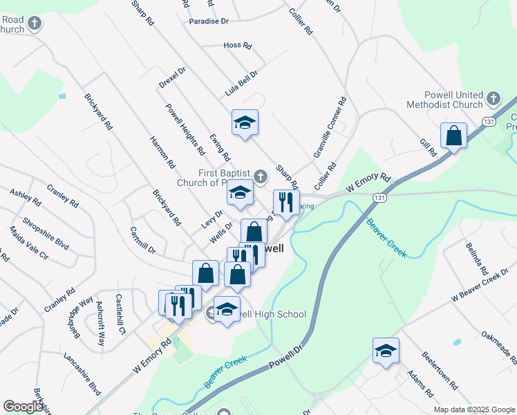 map of restaurants, bars, coffee shops, grocery stores, and more near 7709 Ewing Road in Powell