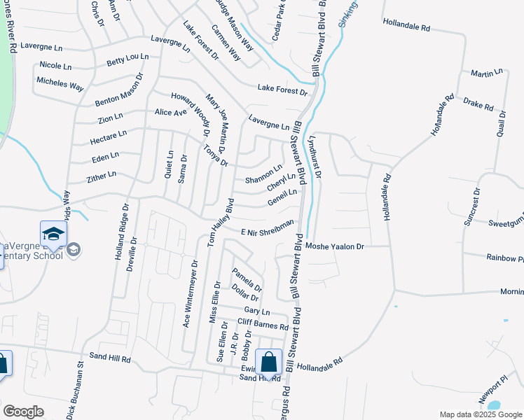 map of restaurants, bars, coffee shops, grocery stores, and more near 1129 Geneil Lane in La Vergne