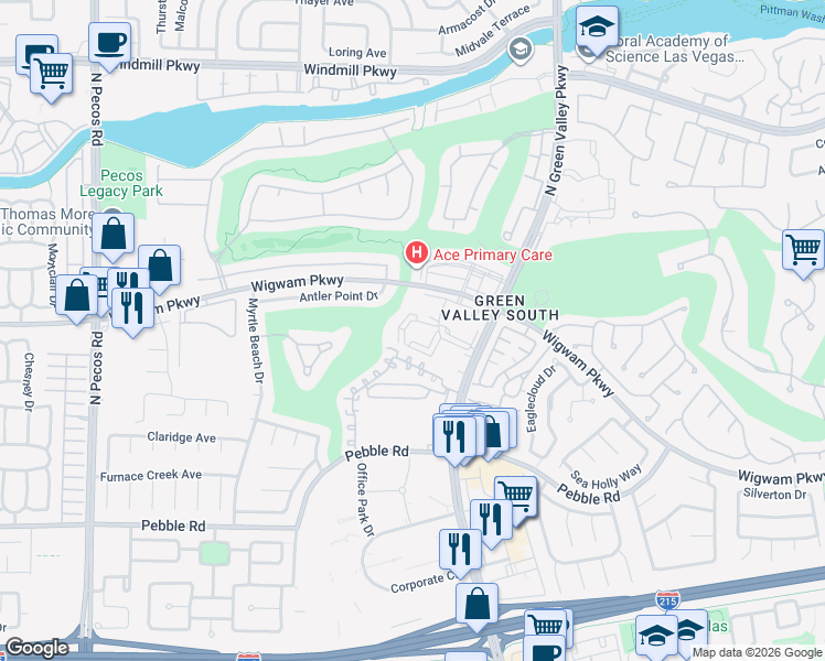 map of restaurants, bars, coffee shops, grocery stores, and more near 2251 Wigwam Parkway in Henderson