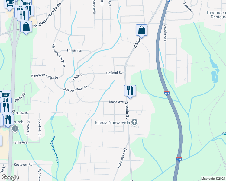 map of restaurants, bars, coffee shops, grocery stores, and more near 30 Pasadena Drive in Winston-Salem