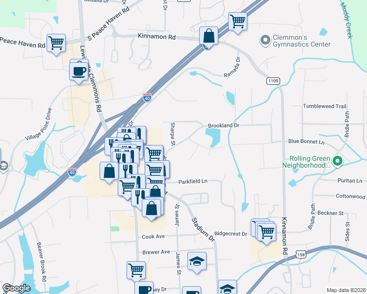 map of restaurants, bars, coffee shops, grocery stores, and more near 3425 Brookland Drive in Clemmons