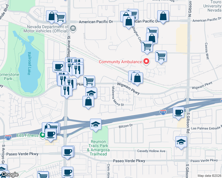 map of restaurants, bars, coffee shops, grocery stores, and more near 91 Wigwam Parkway in Henderson