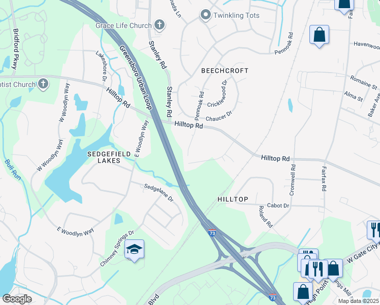 map of restaurants, bars, coffee shops, grocery stores, and more near 5199 Pennoak Road in Greensboro