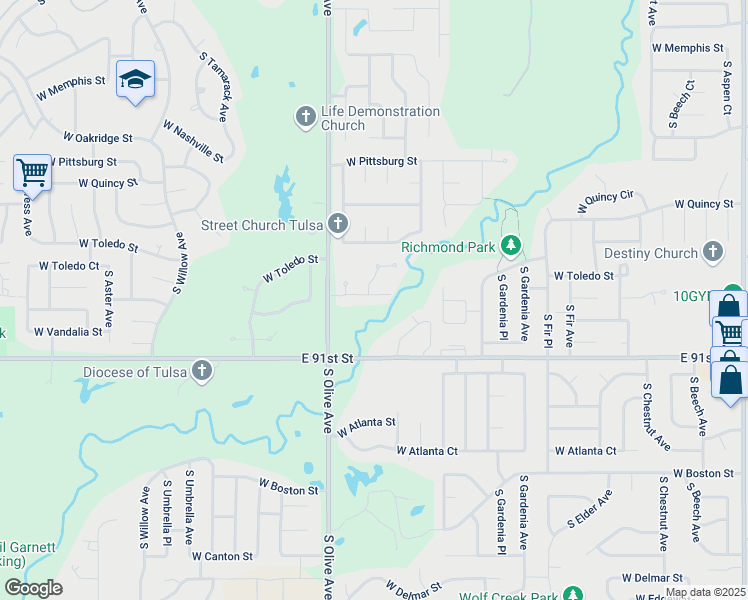 map of restaurants, bars, coffee shops, grocery stores, and more near 3306 West Urbana Street in Broken Arrow