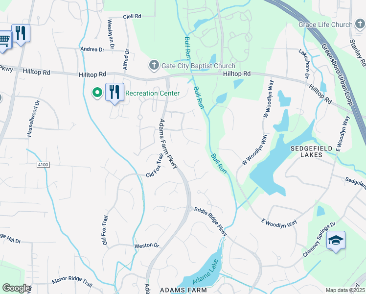 map of restaurants, bars, coffee shops, grocery stores, and more near 6 Ashway Court in Greensboro