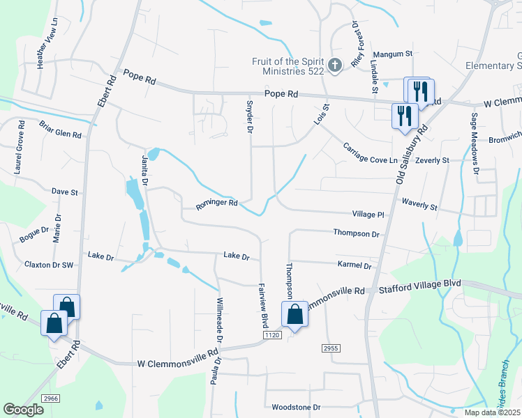 map of restaurants, bars, coffee shops, grocery stores, and more near 3990 Rominger Road in Winston-Salem