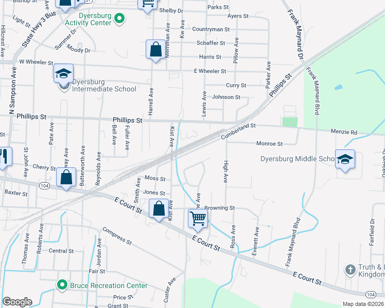 map of restaurants, bars, coffee shops, grocery stores, and more near 402 Kist Avenue in Dyersburg