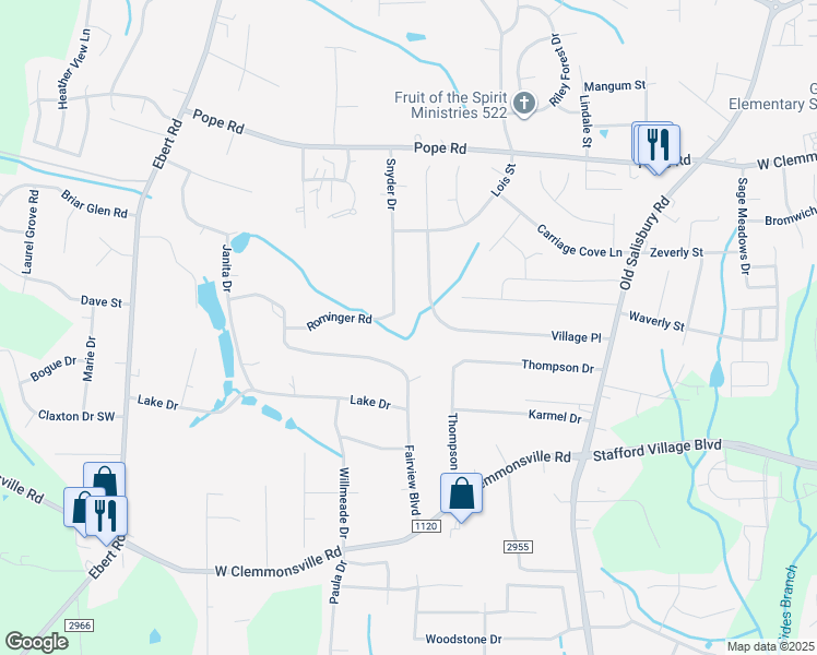 map of restaurants, bars, coffee shops, grocery stores, and more near 3990 Rominger Road in Winston-Salem