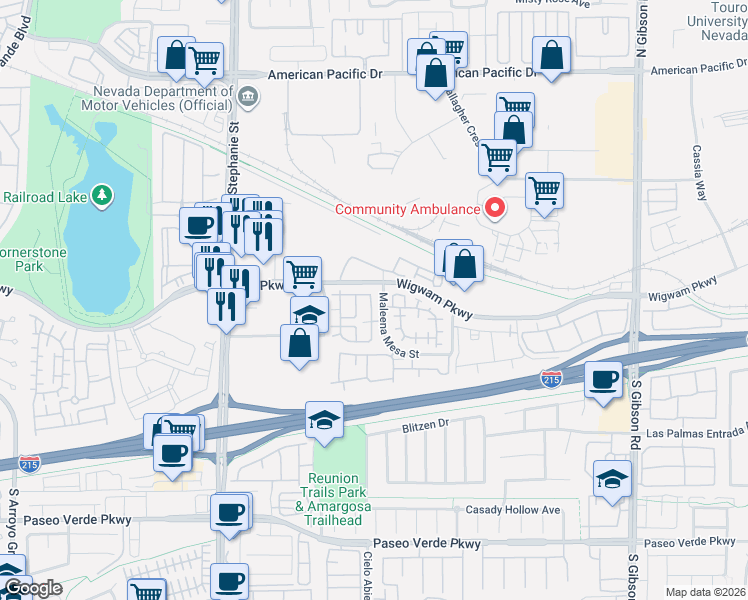 map of restaurants, bars, coffee shops, grocery stores, and more near 90 Dow Jones Street in Henderson
