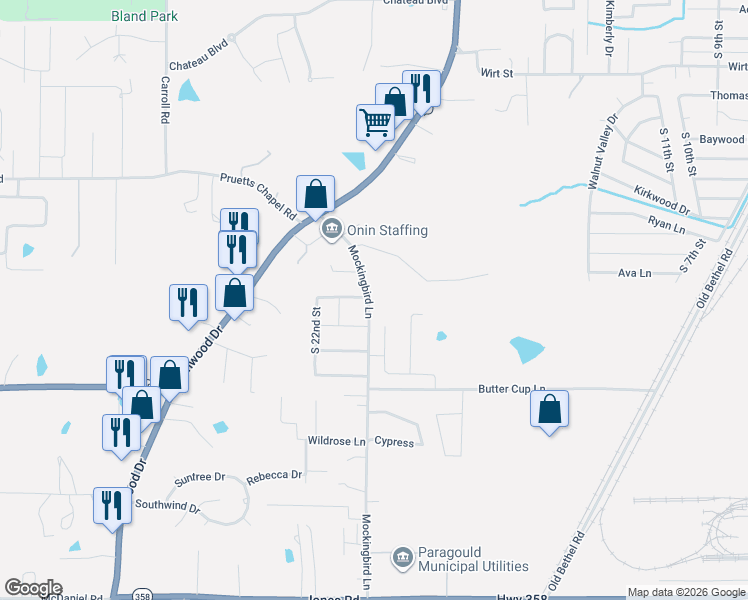 map of restaurants, bars, coffee shops, grocery stores, and more near 2006 Villa Ridge Drive in Paragould