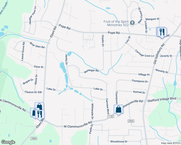 map of restaurants, bars, coffee shops, grocery stores, and more near 1850 Rominger Road in Winston-Salem