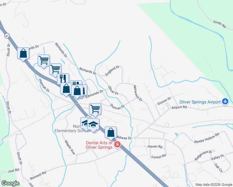 map of restaurants, bars, coffee shops, grocery stores, and more near Oliver Drive in Oliver Springs