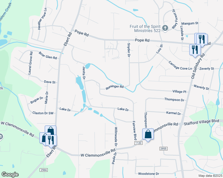 map of restaurants, bars, coffee shops, grocery stores, and more near 1850 Rominger Road in Winston-Salem