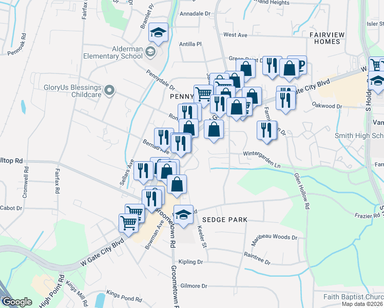 map of restaurants, bars, coffee shops, grocery stores, and more near 3911 Marchester Way in Greensboro