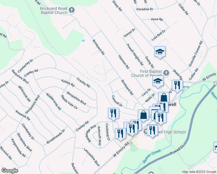 map of restaurants, bars, coffee shops, grocery stores, and more near 2040 Gatehouse Lane in Powell