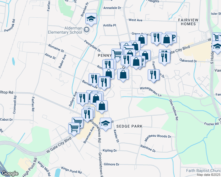 map of restaurants, bars, coffee shops, grocery stores, and more near 3900 Marchester Way in Greensboro