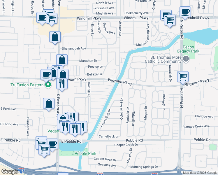 map of restaurants, bars, coffee shops, grocery stores, and more near 2808 Briar Knoll Drive in Henderson