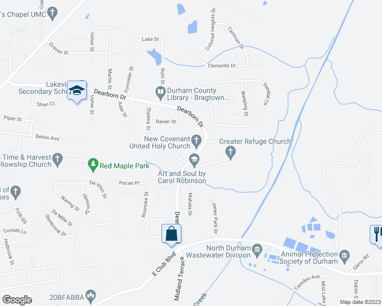 map of restaurants, bars, coffee shops, grocery stores, and more near 2805 Dearborn Drive in Durham